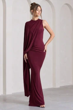 Unveil | Burgundy One-Sleeve Cape Maxi Dress -Stylixon Sales Store WB CL129803069 UnveilBurgundyOne SleeveCapeMaxiDress5 scaled
