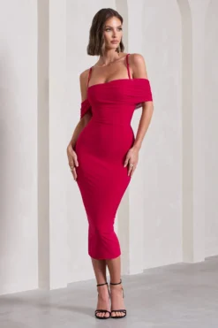 Bethan | Red Bodycon Strappy Mesh Bardot Midi Dress -Stylixon Sales Store WB CL129807004 BethanRedBodyconStrappyMeshBardotMidiDress0 d1ab6205 04b1 478b 898d 74fcf2d2c736 scaled