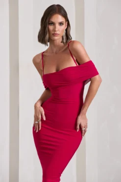 Bethan | Red Bodycon Strappy Mesh Bardot Midi Dress -Stylixon Sales Store WB CL129807004 BethanRedBodyconStrappyMeshBardotMidiDress12 7a31454c 1cb6 4be4 a550 a9d8aa9a4f01 scaled