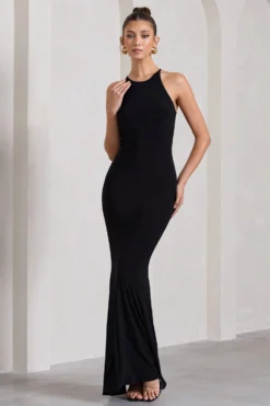 Brianna | Black Sleeveless Halter-Neck Open-Back Maxi Dress -Stylixon Sales Store WB CL130003002 BriannaBlackSleevelessHalter NeckOpen BackMaxiDress1 scaled