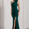 In Suspense | Bottle Green Asymmetric Halter-Neck Split Maxi Dress With Flower