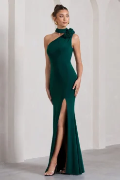 In Suspense | Bottle Green Asymmetric Halter-Neck Split Maxi Dress With Flower