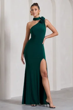 In Suspense | Bottle Green Asymmetric Halter-Neck Split Maxi Dress With Flower -Stylixon Sales Store WB CL130006047 InSuspenseBottleGreenAsymmetricHalter NeckSplitMaxiDressWithFlower2 scaled