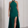 Intertwined | Bottle Green Halter-Neck Open-Back Split Maxi Dress With Scarf Detail
