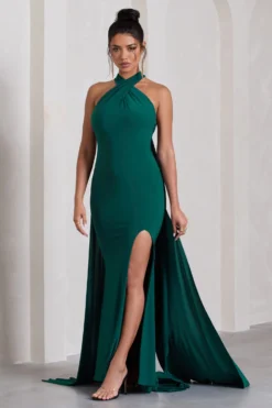 Intertwined | Bottle Green Halter-Neck Open-Back Split Maxi Dress With Scarf Detail -Stylixon Sales Store WB CL130008047 IntertwinedBottleGreenHalter NeckOpen BackSplitMaxiDressWithScarfDetail3 scaled