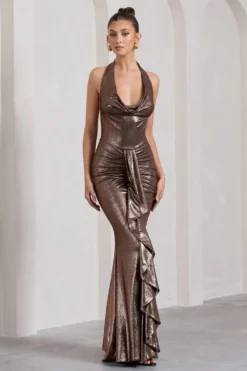 Kaia | Bronze Metallic Ruched Cowl-Neck Maxi Dress With Drape 8 Kaia | Bronze Metallic Ruched Cowl-Neck Maxi Dress With Drape -Stylixon Sales Store WB CL130010021 KaiaBronzeMetallicRuchedCowl NeckMaxiDressWithDrape1 scaled