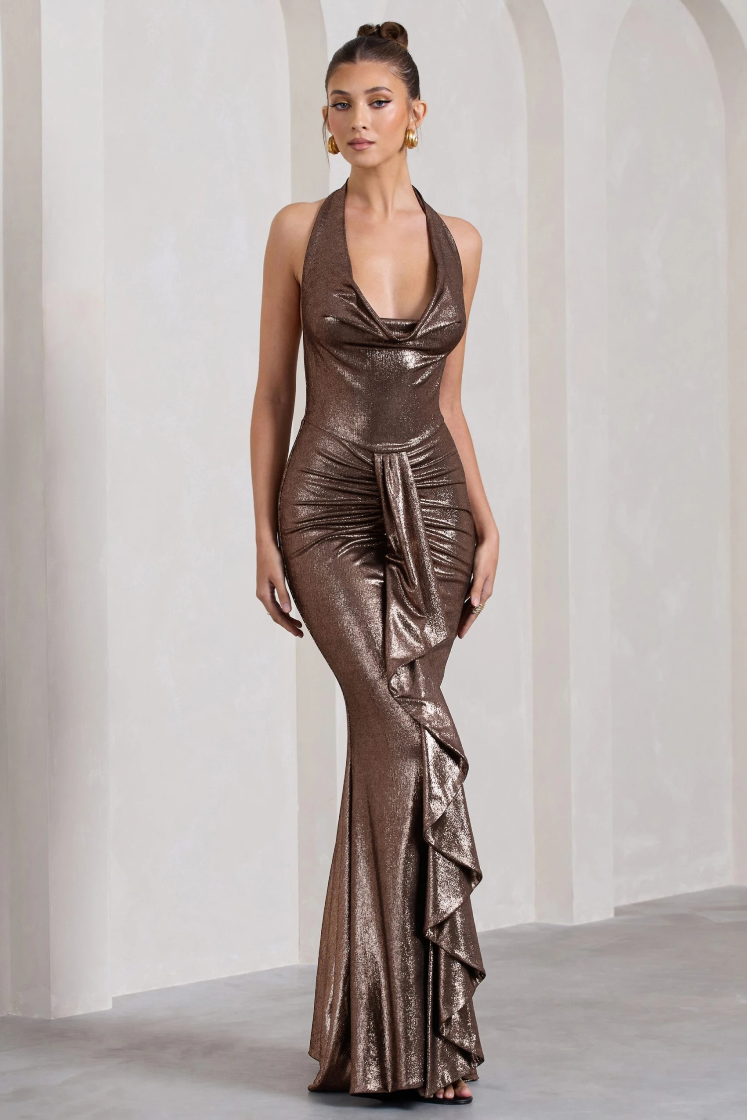 Kaia | Bronze Metallic Ruched Cowl-Neck Maxi Dress With Drape 4 Kaia | Bronze Metallic Ruched Cowl-Neck Maxi Dress With Drape - Image 4