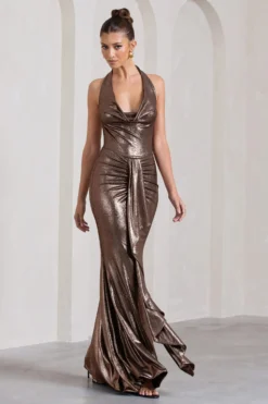 Kaia | Bronze Metallic Ruched Cowl-Neck Maxi Dress With Drape 9 Kaia | Bronze Metallic Ruched Cowl-Neck Maxi Dress With Drape -Stylixon Sales Store WB CL130010021 KaiaBronzeMetallicRuchedCowl NeckMaxiDressWithDrape2 scaled