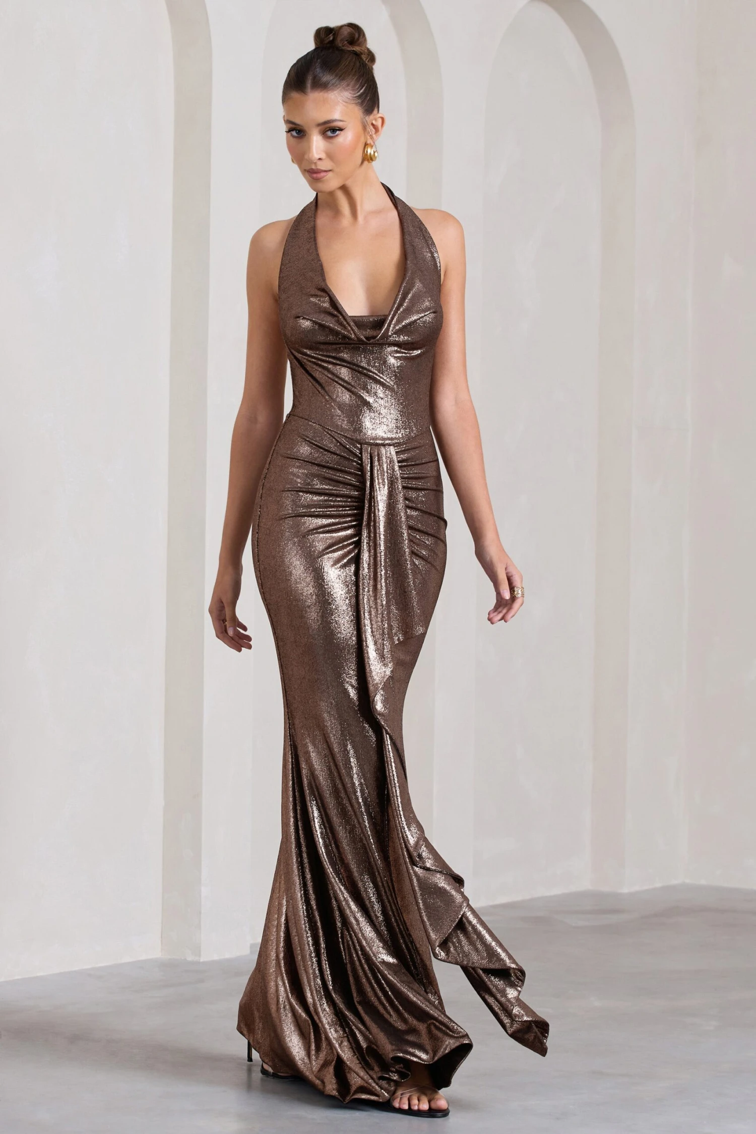 Kaia | Bronze Metallic Ruched Cowl-Neck Maxi Dress With Drape 5 Kaia | Bronze Metallic Ruched Cowl-Neck Maxi Dress With Drape - Image 5