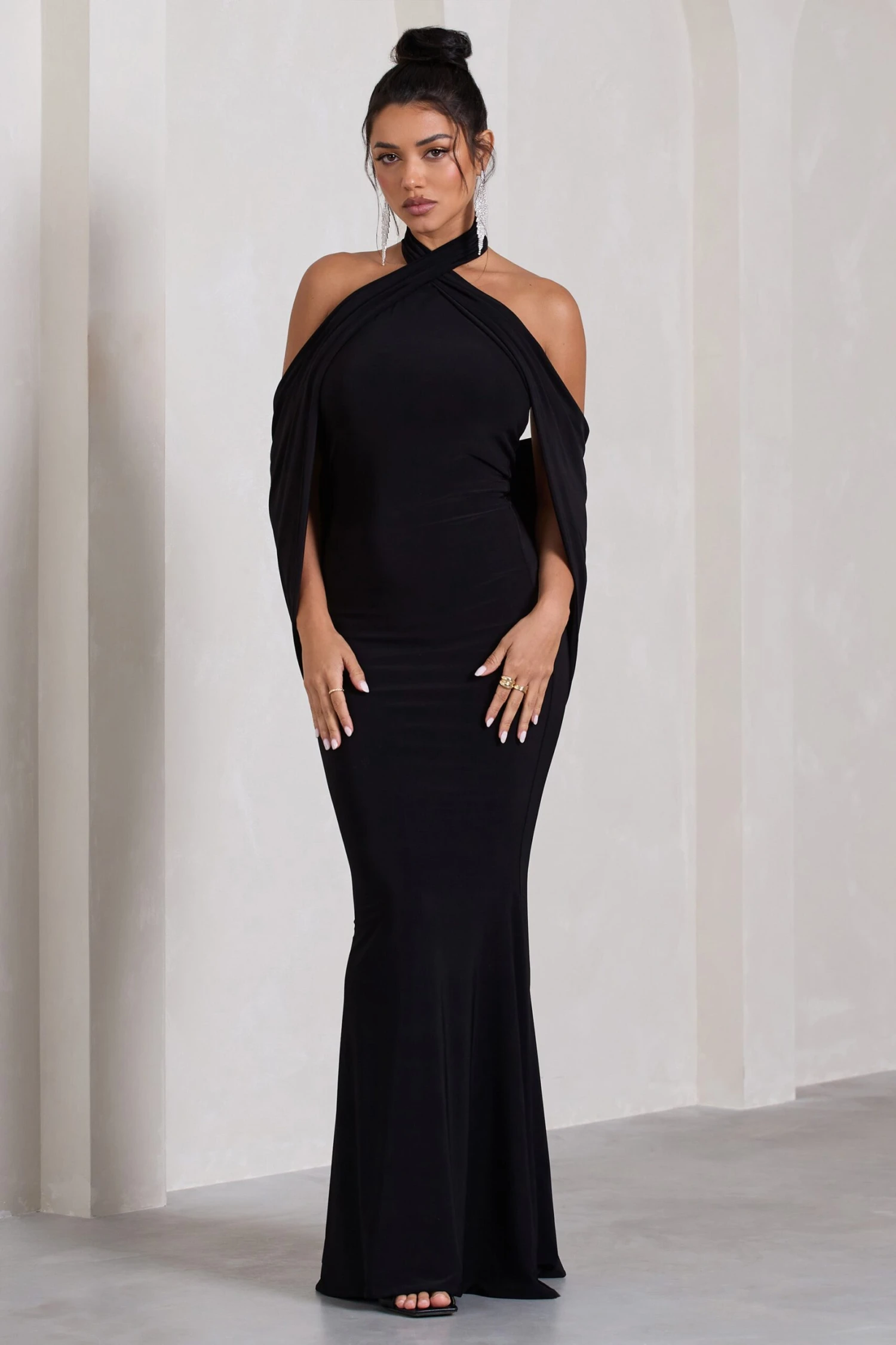 Revelation | Black Crossed Halter-Neck Fishtail Maxi Dress With Cape 2 Revelation | Black Crossed Halter-Neck Fishtail Maxi Dress With Cape - Image 2