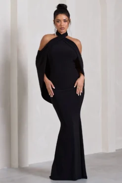 Revelation | Black Crossed Halter-Neck Fishtail Maxi Dress With Cape 11 Revelation | Black Crossed Halter-Neck Fishtail Maxi Dress With Cape -Stylixon Sales Store WB CL130017002 RevelationBlackCrossedHalter NeckFishtailMaxiDressWithCape4 scaled