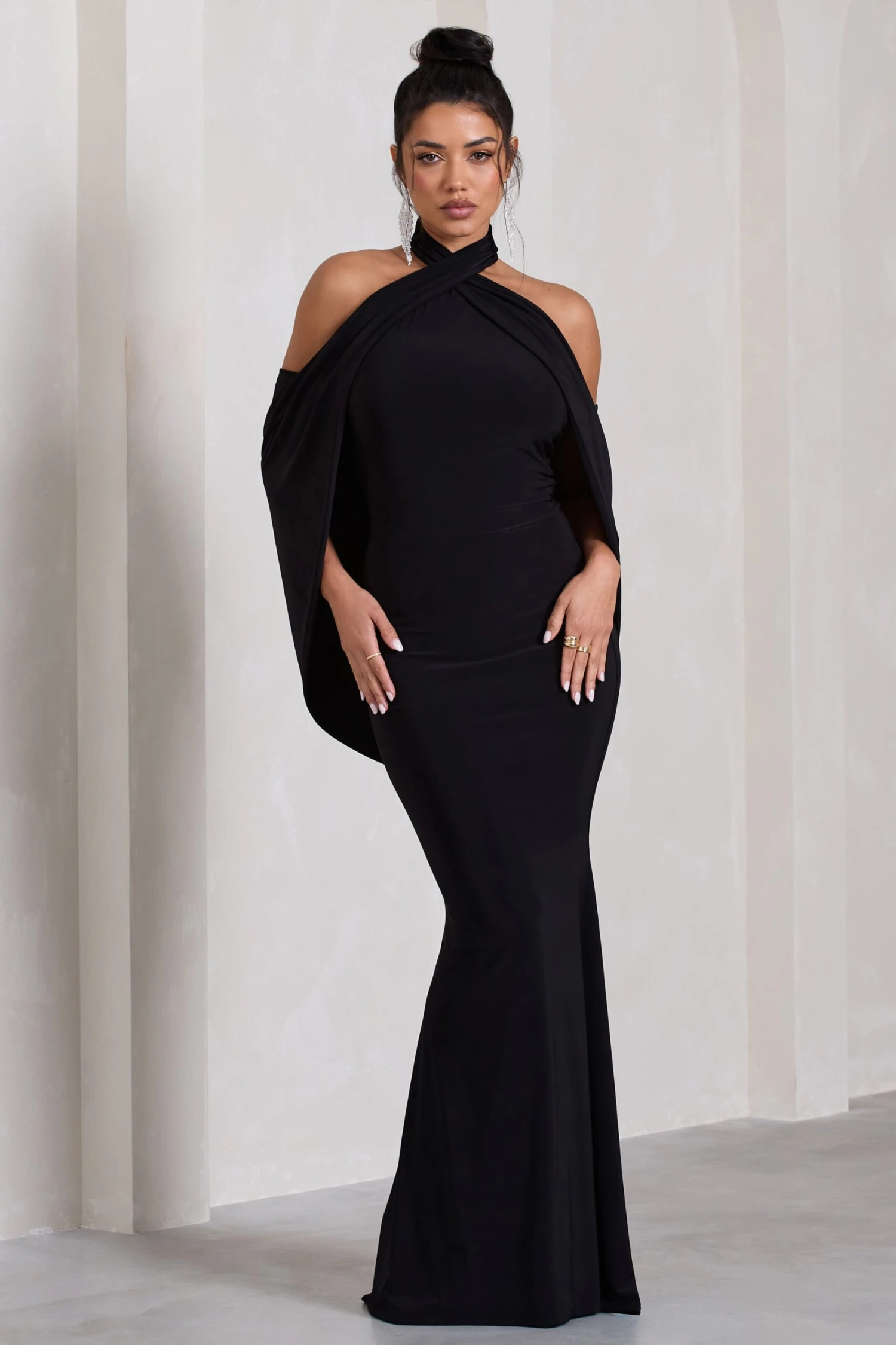 Revelation | Black Crossed Halter-Neck Fishtail Maxi Dress With Cape 5 Revelation | Black Crossed Halter-Neck Fishtail Maxi Dress With Cape - Image 5