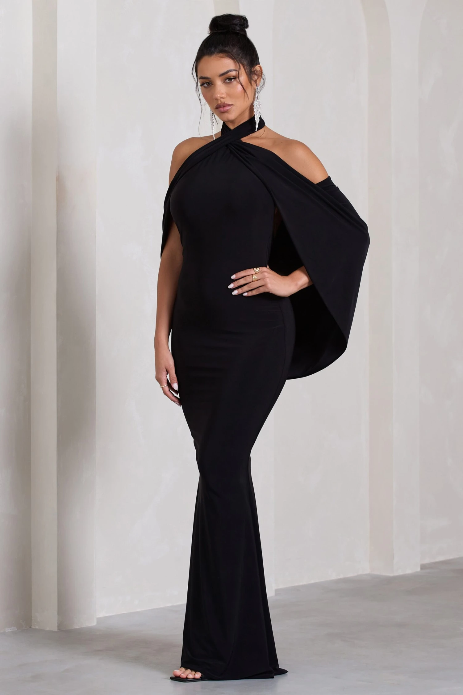 Revelation | Black Crossed Halter-Neck Fishtail Maxi Dress With Cape 6 Revelation | Black Crossed Halter-Neck Fishtail Maxi Dress With Cape - Image 6