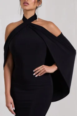 Revelation | Black Crossed Halter-Neck Fishtail Maxi Dress With Cape 10 Revelation | Black Crossed Halter-Neck Fishtail Maxi Dress With Cape -Stylixon Sales Store WB CL130017002 RevelationBlackCrossedHalter NeckFishtailMaxiDressWithCape7 scaled