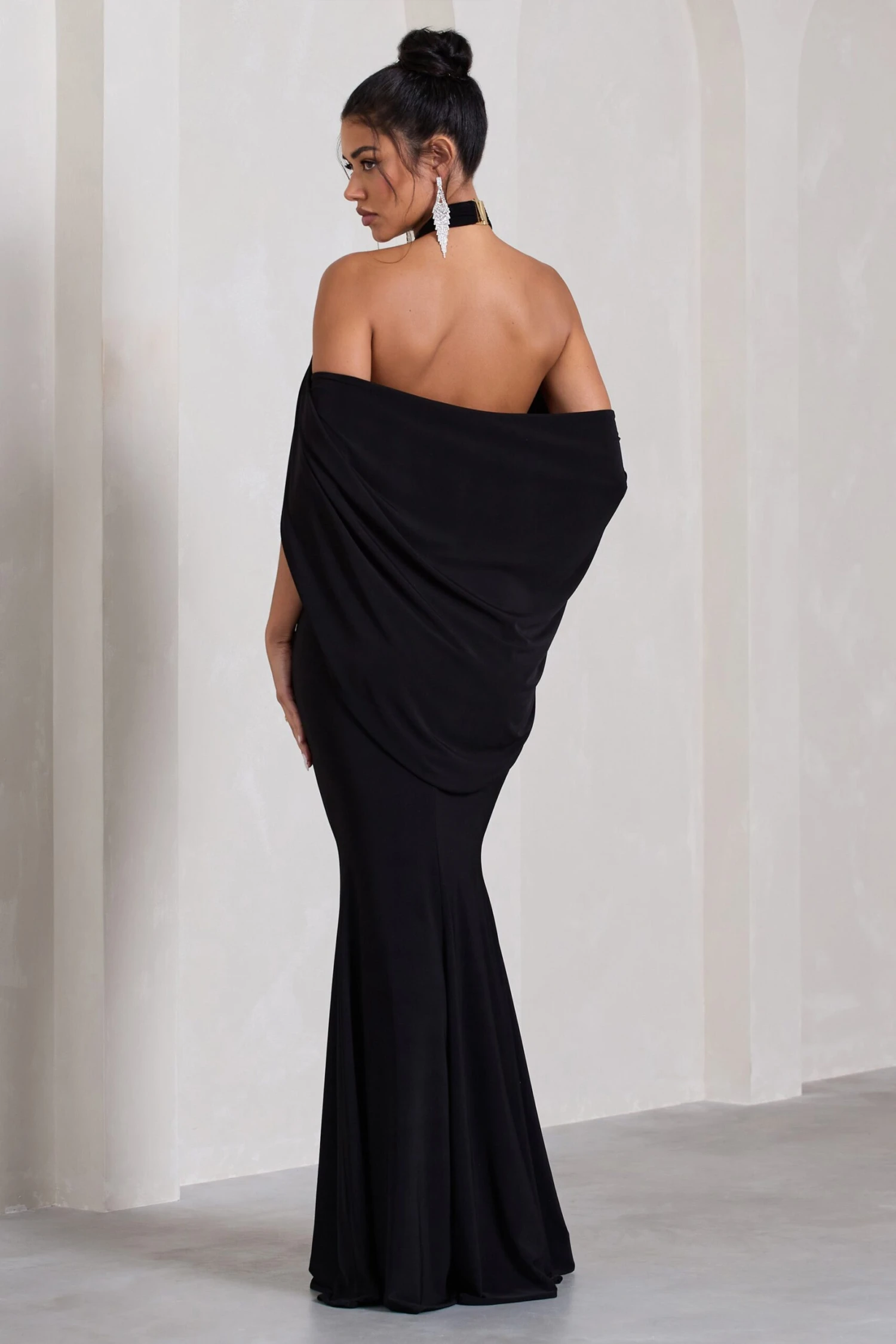 Revelation | Black Crossed Halter-Neck Fishtail Maxi Dress With Cape 7 Revelation | Black Crossed Halter-Neck Fishtail Maxi Dress With Cape - Image 7