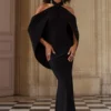 Revelation | Black Crossed Halter-Neck Fishtail Maxi Dress With Cape