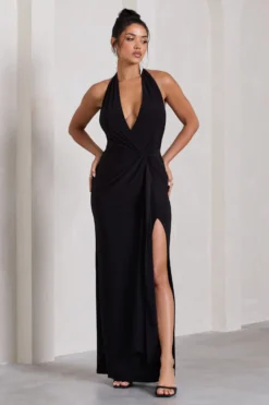 Tabloid Talk | Black Plunge Halter-Neck Maxi Dress With Twisted Drape -Stylixon Sales Store WB CL130023002 TabloidTalkBlackPlungeHalter NeckMaxiDressWithTwistedDrape1 scaled