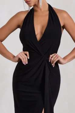 Tabloid Talk | Black Plunge Halter-Neck Maxi Dress With Twisted Drape -Stylixon Sales Store WB CL130023002 TabloidTalkBlackPlungeHalter NeckMaxiDressWithTwistedDrape4 scaled