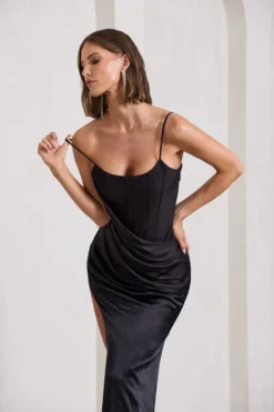Stylixon Sales Store -Stylixon Sales Store WB CL130051002 InAttendanceBlackSatinDrapedCorsetSplitMaxiDress11 scaled