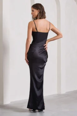 In Attendance | Black Satin Draped Corset Split Maxi Dress -Stylixon Sales Store WB CL130051002 InAttendanceBlackSatinDrapedCorsetSplitMaxiDress12 scaled