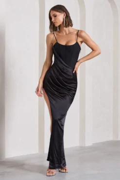 In Attendance | Black Satin Draped Corset Split Maxi Dress -Stylixon Sales Store WB CL130051002 InAttendanceBlackSatinDrapedCorsetSplitMaxiDress5 scaled