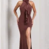 Wanderer | Chocolate Brown Ruched Halter-Neck Split Maxi Dress With Flower
