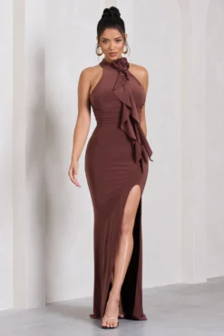 Wanderer | Chocolate Brown Ruched Halter-Neck Split Maxi Dress With Flower -Stylixon Sales Store WB CL130063038 WandererChocolateBrownRuchedHalter NeckSplitMaxiDressWithFlower4 scaled
