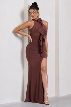 Wanderer | Chocolate Brown Ruched Halter-Neck Split Maxi Dress With Flower -Stylixon Sales Store WB CL130063038 WandererChocolateBrownRuchedHalter NeckSplitMaxiDressWithFlower5 scaled