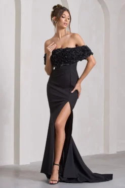 Amanza | Black Bardot Split Fishtail Maxi Dress With Flowers 9 Amanza | Black Bardot Split Fishtail Maxi Dress With Flowers -Stylixon Sales Store WB CL132040002 AmanzaBlackBardotSplitFishtailMaxiDressWithFlowers0 scaled