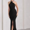 Holly | Black Ruched Halter-Neck Split Fishtail Maxi Dress