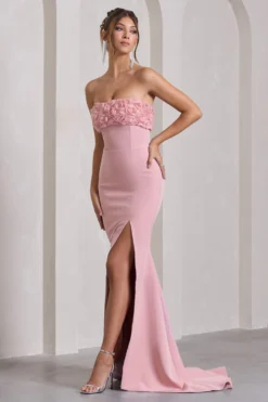 Allegra | Pink Bandeau Split Fishtail Maxi Dress With Flowers -Stylixon Sales Store WB CL132045112 AllegraPinkBandeauSplitFishtailMaxiDressWithFlowers2 scaled