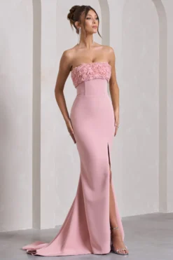Allegra | Pink Bandeau Split Fishtail Maxi Dress With Flowers -Stylixon Sales Store WB CL132045112 AllegraPinkBandeauSplitFishtailMaxiDressWithFlowers4 scaled
