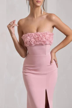 Allegra | Pink Bandeau Split Fishtail Maxi Dress With Flowers -Stylixon Sales Store WB CL132045112 AllegraPinkBandeauSplitFishtailMaxiDressWithFlowers6 scaled