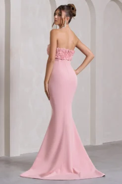 Allegra | Pink Bandeau Split Fishtail Maxi Dress With Flowers -Stylixon Sales Store WB CL132045112 AllegraPinkBandeauSplitFishtailMaxiDressWithFlowers8 scaled