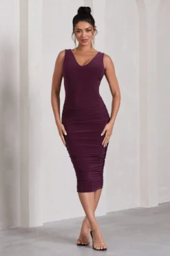 Out Of Love | Plum Ruched Bodycon Plunge-Neck Midi Dress 8 Out Of Love | Plum Ruched Bodycon Plunge-Neck Midi Dress -Stylixon Sales Store WB CL132053101 OutOfLovePlumRuchedBodyconPlunge NeckMidiDress0 scaled