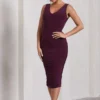 Out Of Love | Plum Ruched Bodycon Plunge-Neck Midi Dress