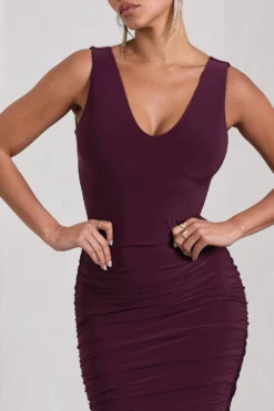 Out Of Love | Plum Ruched Bodycon Plunge-Neck Midi Dress 7 Out Of Love | Plum Ruched Bodycon Plunge-Neck Midi Dress -Stylixon Sales Store WB CL132053101 OutOfLovePlumRuchedBodyconPlunge NeckMidiDress6 scaled