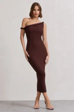 Salome | Chocolate Brown Twisted Asymmetric Midi Dress 11 Salome | Chocolate Brown Twisted Asymmetric Midi Dress -Stylixon Sales Store WB CL132261171 SalomeChocolateBrownTwistedAsymmetricMidiDress0 scaled