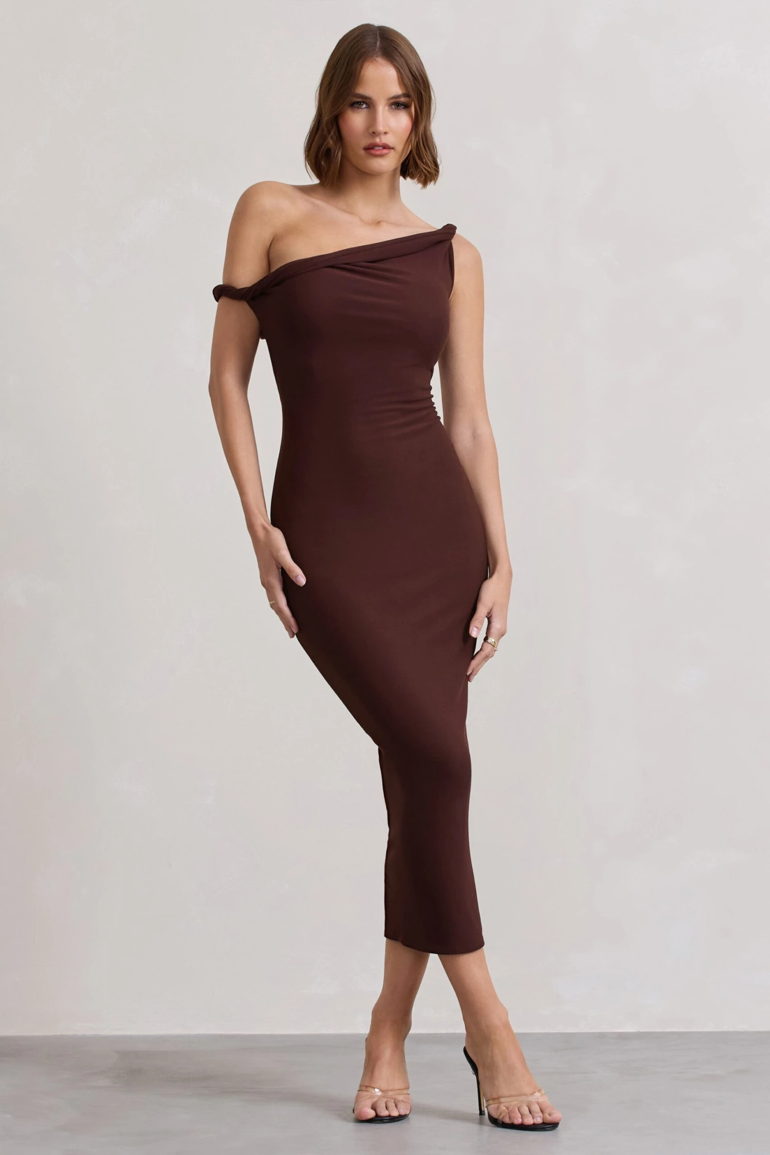Salome | Chocolate Brown Twisted Asymmetric Midi Dress 4 Salome | Chocolate Brown Twisted Asymmetric Midi Dress - Image 4