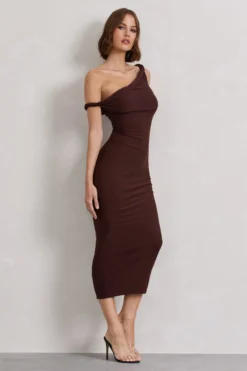 Salome | Chocolate Brown Twisted Asymmetric Midi Dress 12 Salome | Chocolate Brown Twisted Asymmetric Midi Dress -Stylixon Sales Store WB CL132261171 SalomeChocolateBrownTwistedAsymmetricMidiDress6 scaled