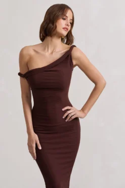 Salome | Chocolate Brown Twisted Asymmetric Midi Dress 10 Salome | Chocolate Brown Twisted Asymmetric Midi Dress -Stylixon Sales Store WB CL132261171 SalomeChocolateBrownTwistedAsymmetricMidiDress7 scaled