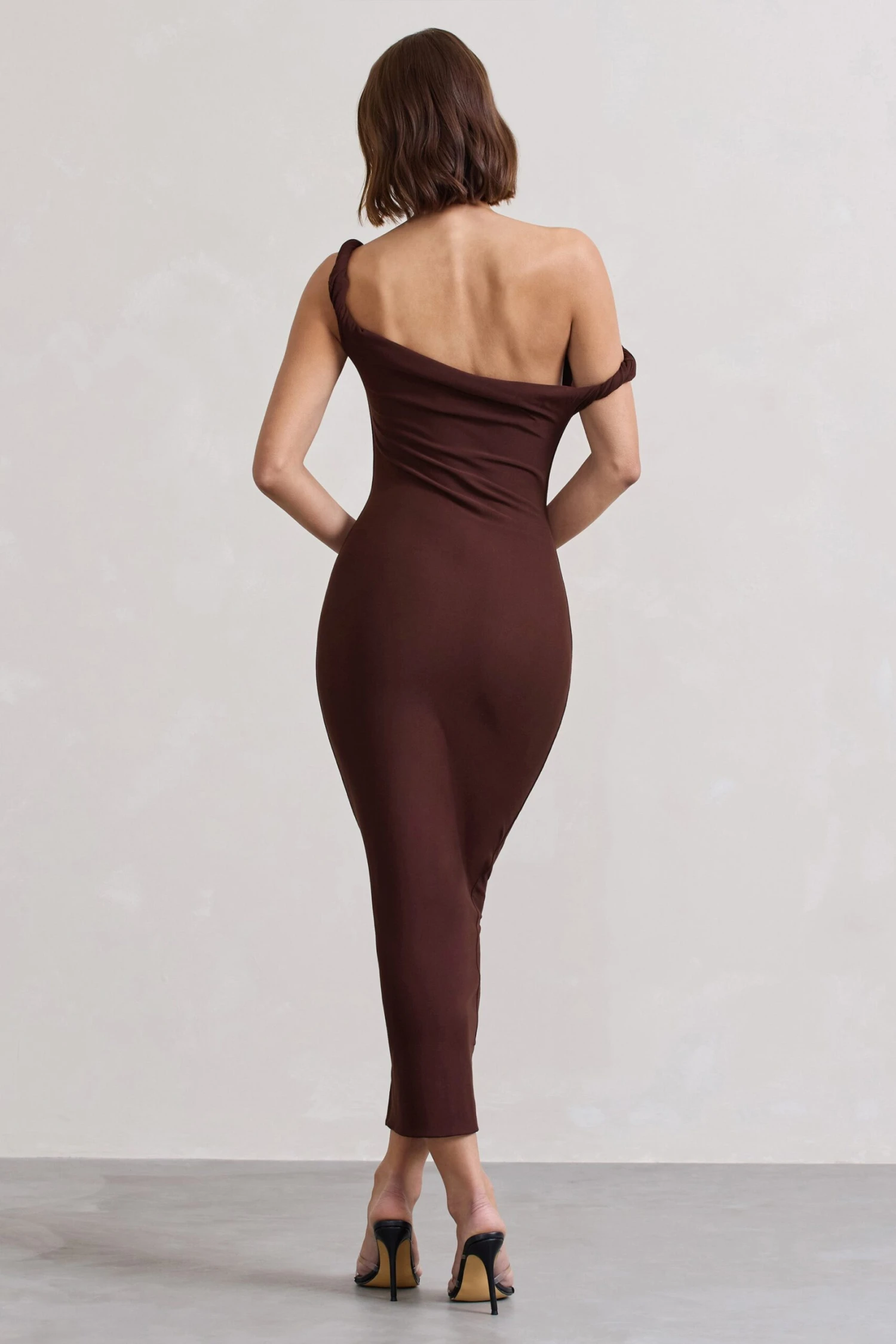 Salome | Chocolate Brown Twisted Asymmetric Midi Dress 2 Salome | Chocolate Brown Twisted Asymmetric Midi Dress - Image 2