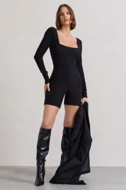Kayleigh | Black Square-Neck Long-Sleeve Playsuit -Stylixon Sales Store WB CL132270002 KayleighBlackSquare NeckLong SleevePlaysuit15 scaled