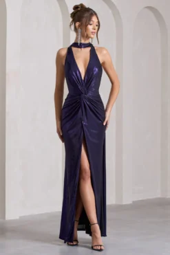 Lost | Purple Metallic Halter-Neck Cut-Out Split Maxi Dress With Drape -Stylixon Sales Store WB CL133124104 LostPurpleMetallicHalter NeckCut OutSplitMaxiDressWithDrape2 scaled