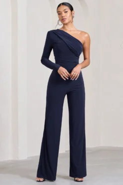 Mila | Navy One Shoulder Ruched Wide Leg Jumpsuit -Stylixon Sales Store WB CL28142015 MilaNavyOneShoulderRuchedWideLegJumpsuit1 scaled