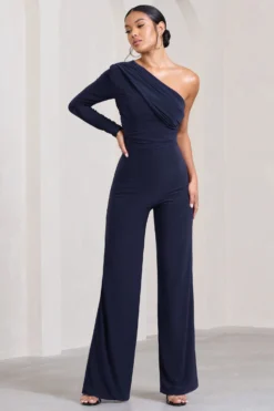 Mila | Navy One Shoulder Ruched Wide Leg Jumpsuit -Stylixon Sales Store WB CL28142015 MilaNavyOneShoulderRuchedWideLegJumpsuit2 scaled
