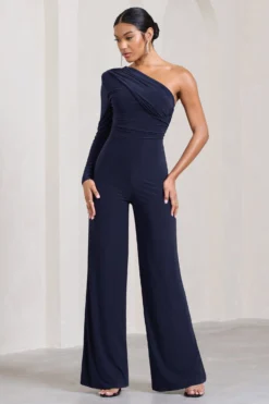 Mila | Navy One Shoulder Ruched Wide Leg Jumpsuit