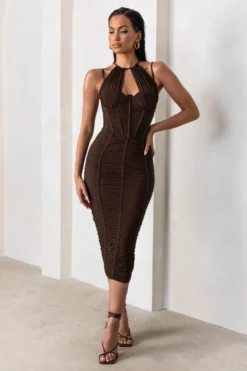 Liveliness | Mocha Halter Neck Midi Dress With Mesh Overlay