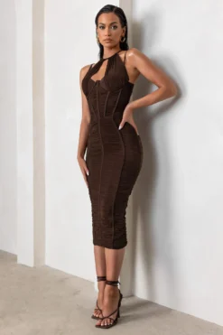 Liveliness | Mocha Halter Neck Midi Dress With Mesh Overlay -Stylixon Sales Store WB HRNEW CL127460 LivelinessMochaAsymmetricNeckCutOutRuchedMeshMidiDress2 scaled