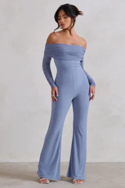Whisper | Ice Blue Ruched Mesh Bardot Jumpsuit